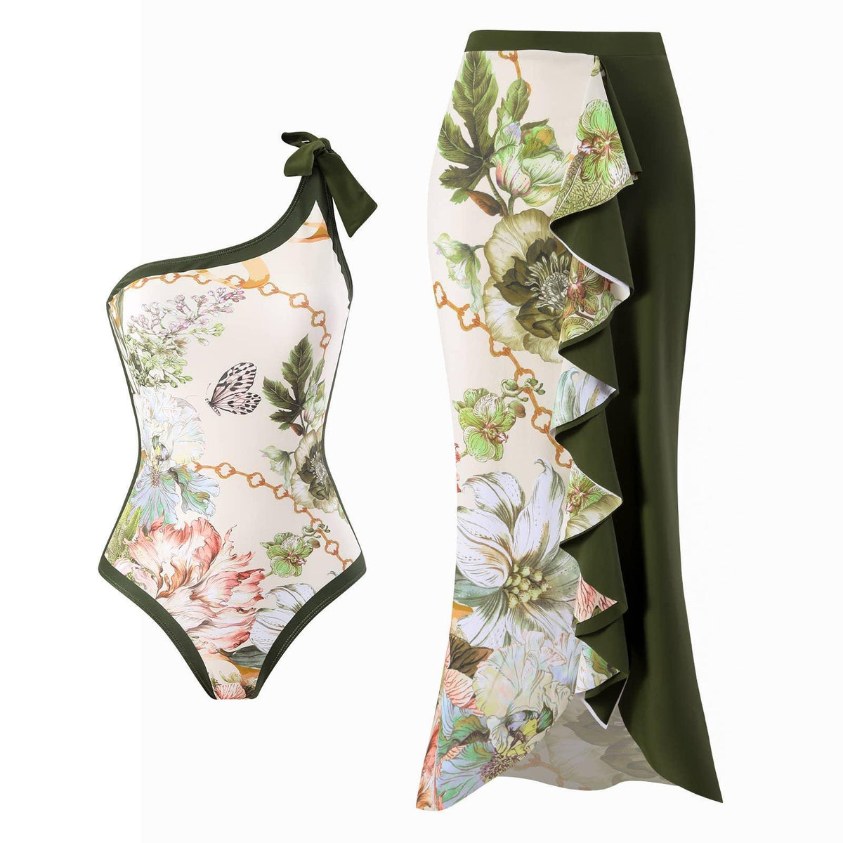 2 PCS Flower Print One Piece Swimwear with Cover Up 2590