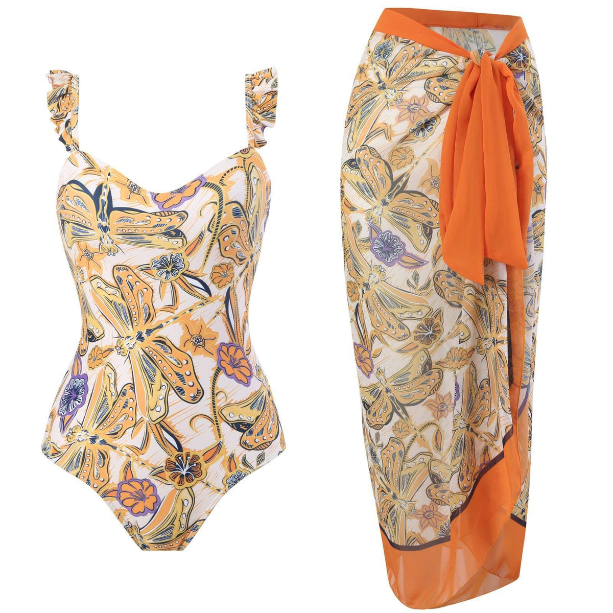 2 Piece Dragonfly Print One Piece Swimwear with Cover Up