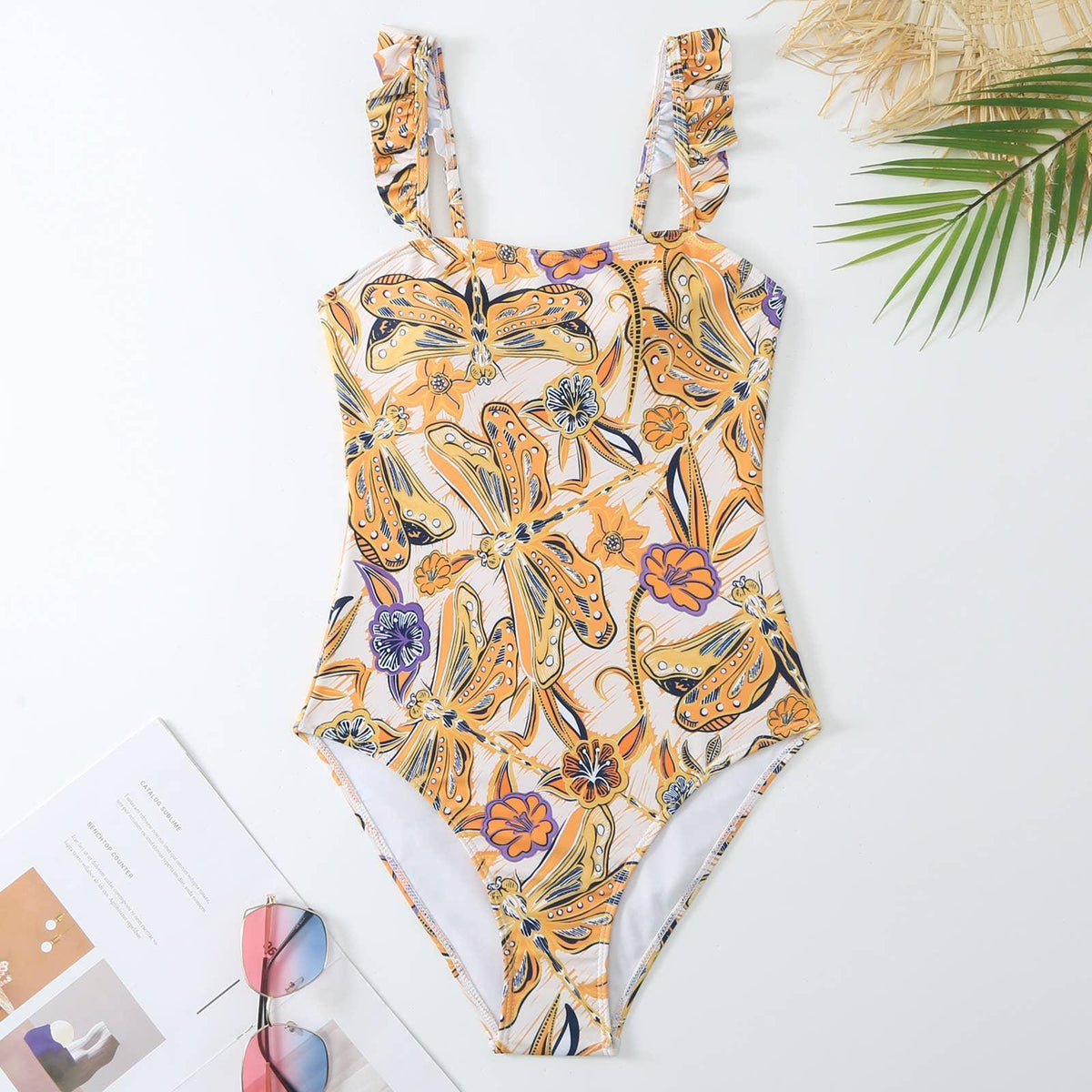 2 Piece Dragonfly Print One Piece Swimwear with Cover Up