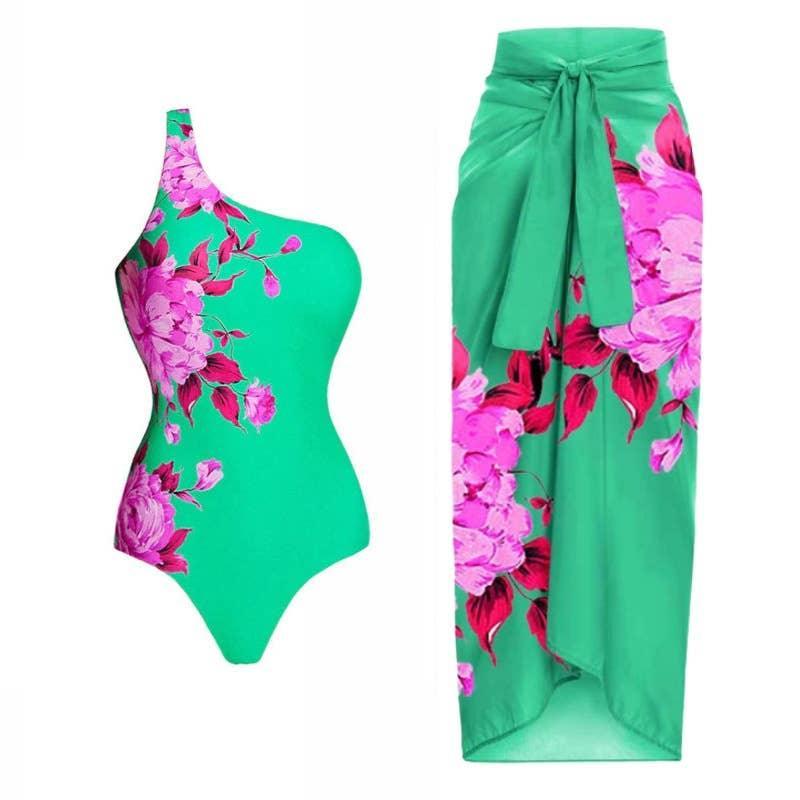 2 Piece Floral Print One Piece Swimwear with Cover Up Y20