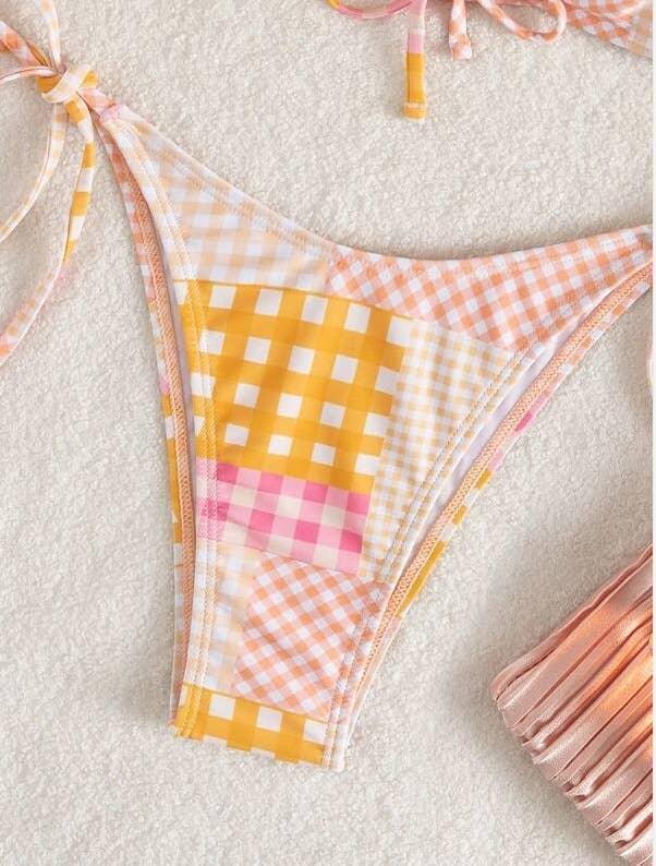 2 Piece Lattice Print String Tie Swimsuit Bikini Set 05