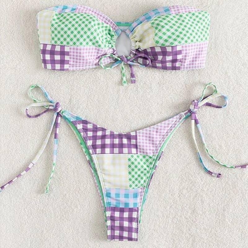 2 Piece Lattice Print String Tie Swimsuit Bikini Set 05