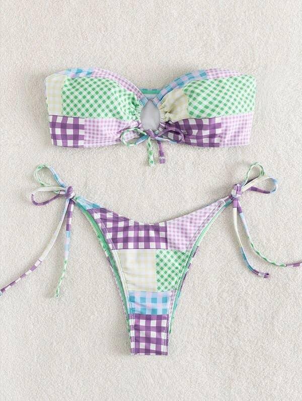 2 Piece Lattice Print String Tie Swimsuit Bikini Set 05