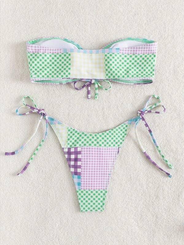 2 Piece Lattice Print String Tie Swimsuit Bikini Set 05