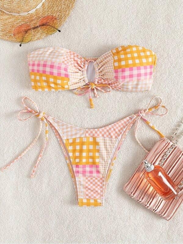 2 Piece Lattice Print String Tie Swimsuit Bikini Set 05