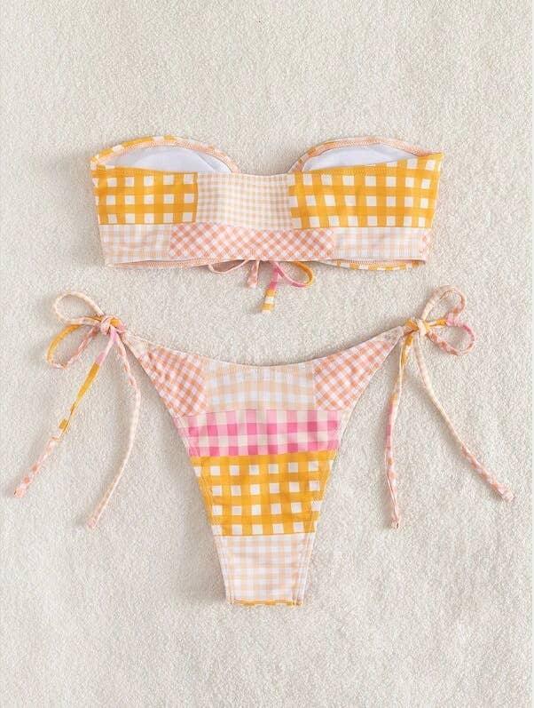 2 Piece Lattice Print String Tie Swimsuit Bikini Set 05