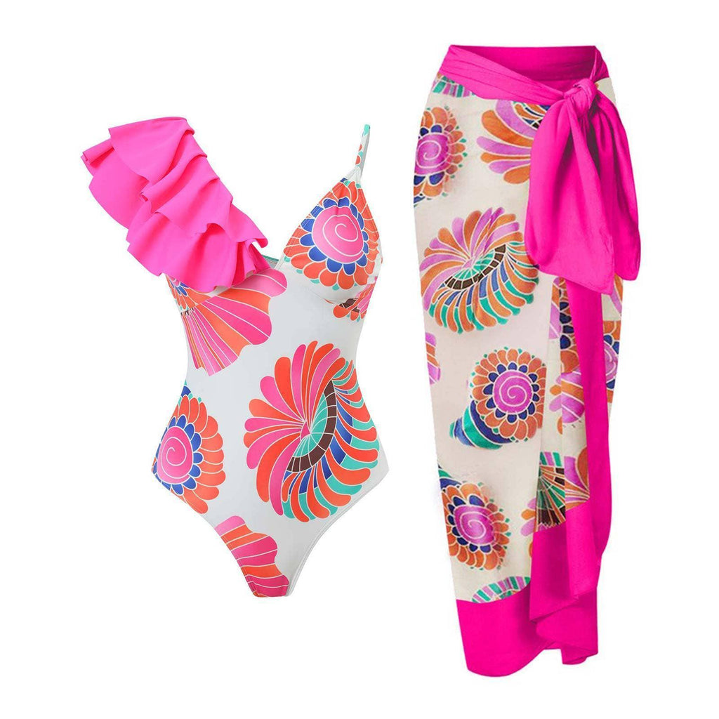 2 Piece Mix Pattern Print One Piece Swimwear with Cover Up