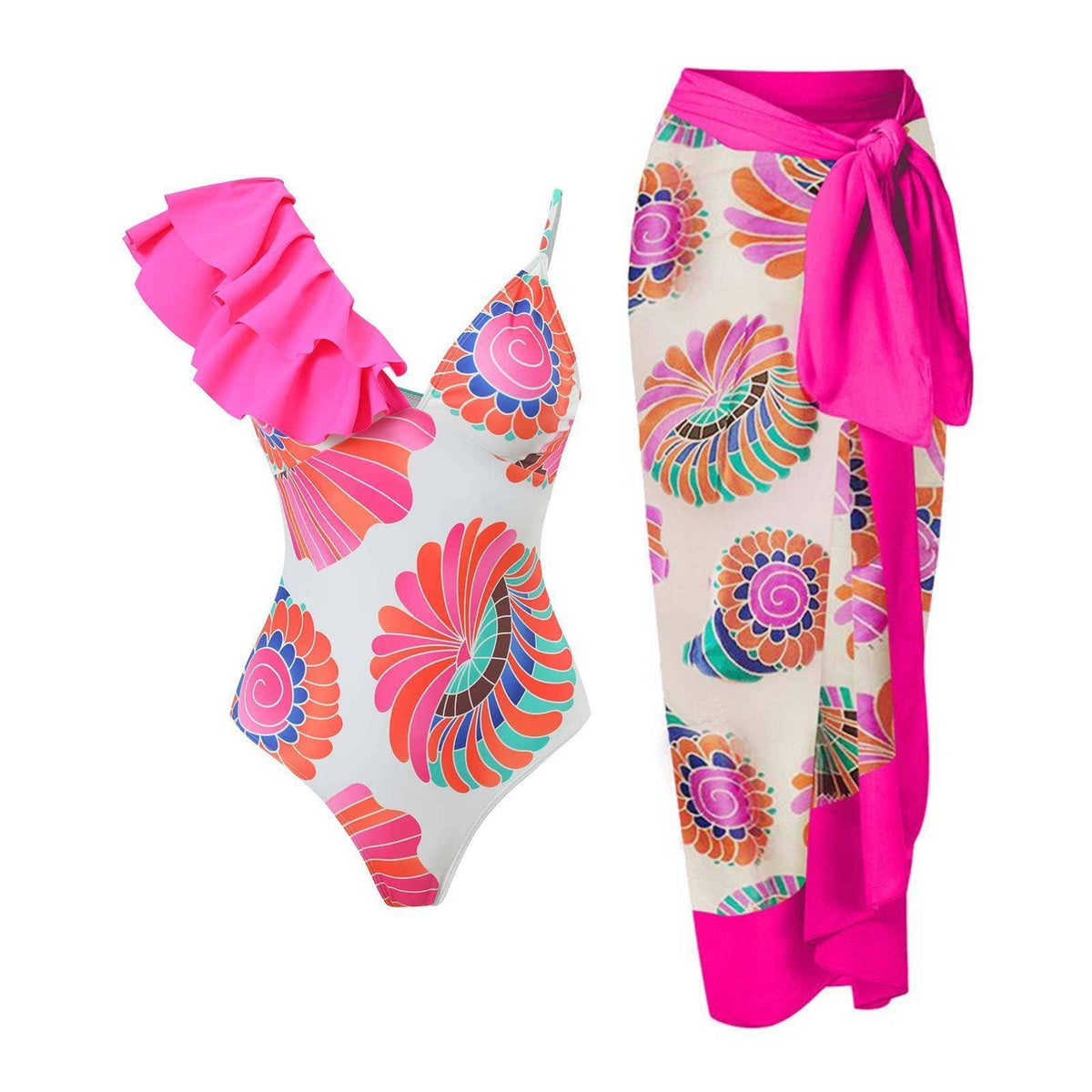 2 Piece Mix Pattern Print One Piece Swimwear with Cover Up