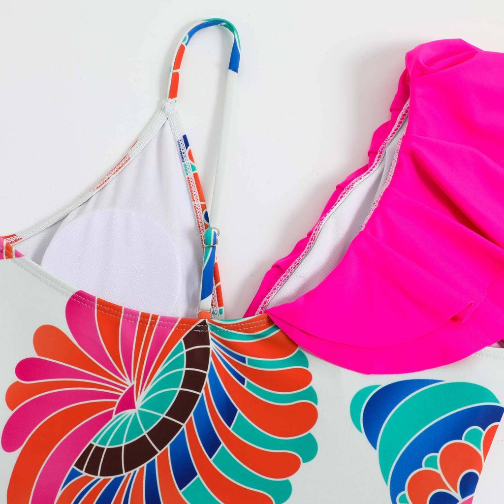 2 Piece Mix Pattern Print One Piece Swimwear with Cover Up