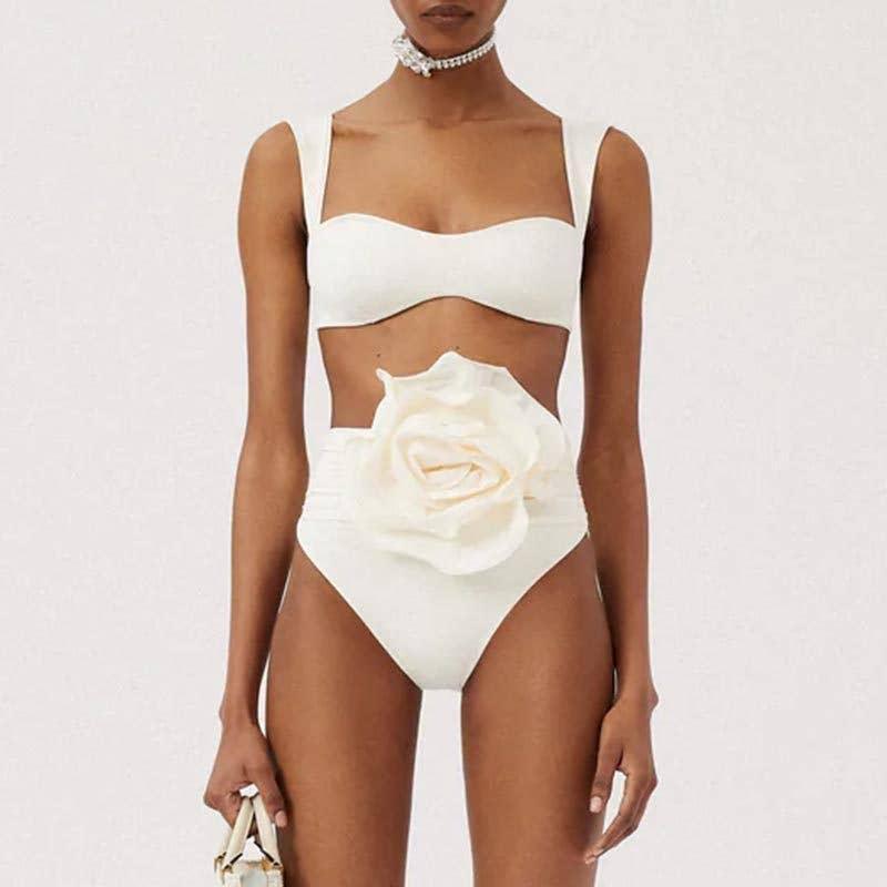 2 Piece Solid Color Flower Swimsuit Bikini Set 6649