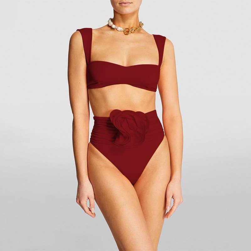 2 Piece Solid Color Flower Swimsuit Bikini Set 6649