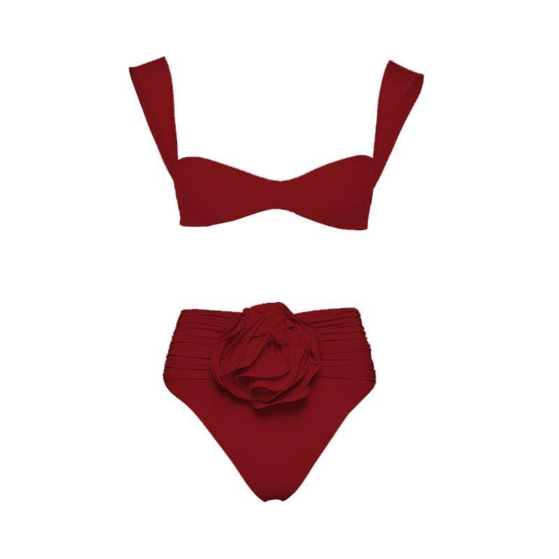 2 Piece Solid Color Flower Swimsuit Bikini Set 6649