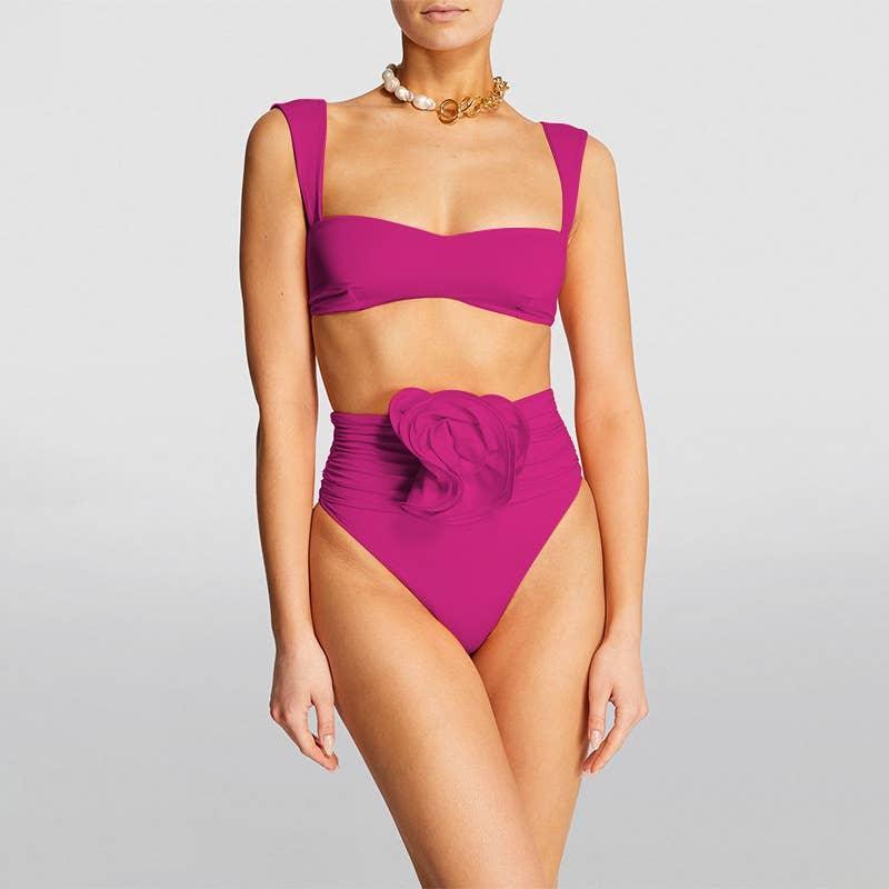 2 Piece Solid Color Flower Swimsuit Bikini Set 6649