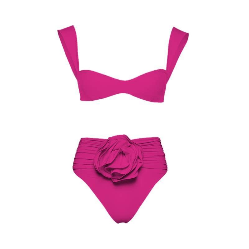 2 Piece Solid Color Flower Swimsuit Bikini Set 6649