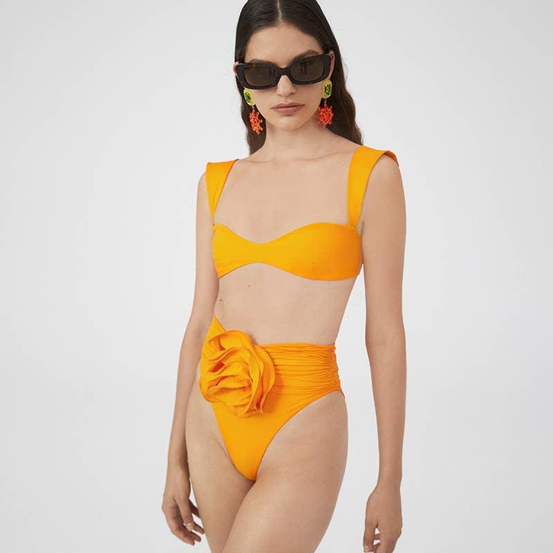 2 Piece Solid Color Flower Swimsuit Bikini Set 6649