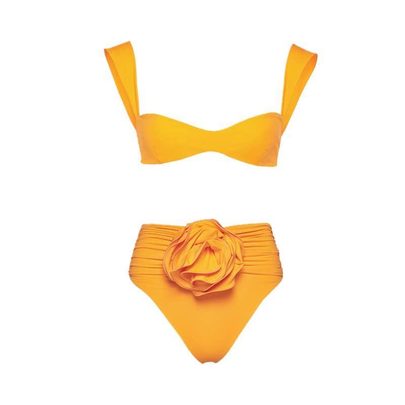 2 Piece Solid Color Flower Swimsuit Bikini Set 6649