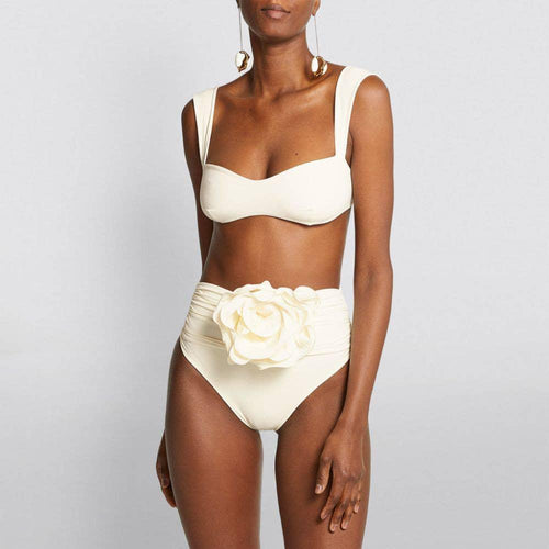 2 Piece Solid Color Flower Swimsuit Bikini Set 6649