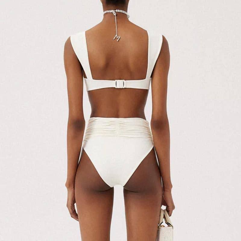 2 Piece Solid Color Flower Swimsuit Bikini Set 6649