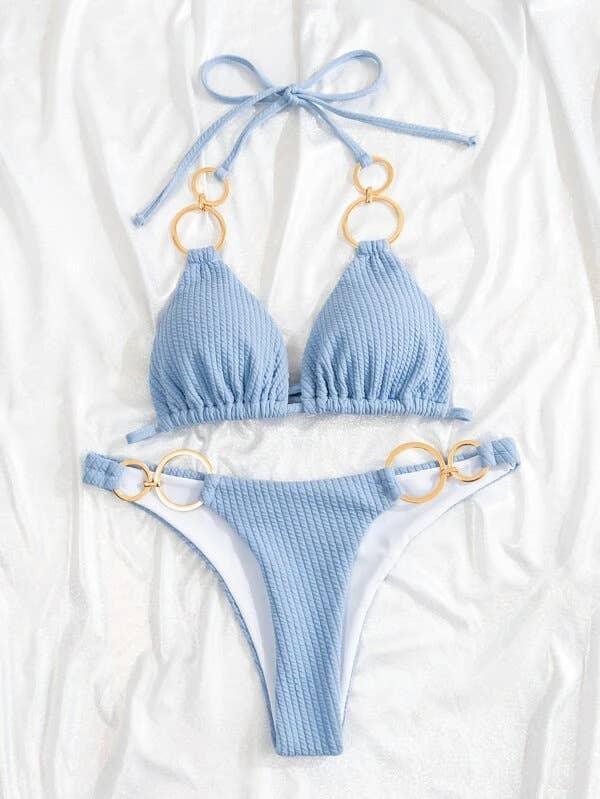 2 Piece Solid Color with Golden Ring Swimsuit Bikini Set 0012
