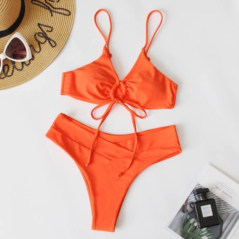 2 Piece Solid Color with Ring Bikini Swimsuit
