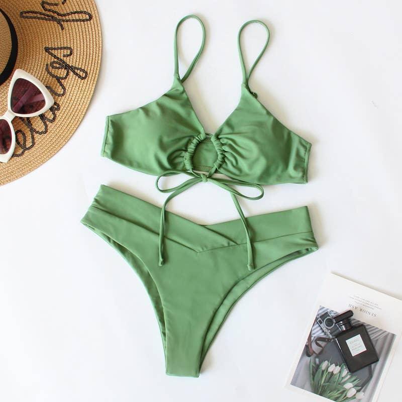 2 Piece Solid Color with Ring Bikini Swimsuit