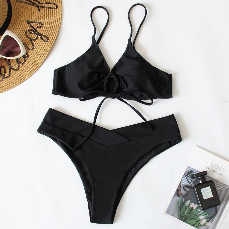 2 Piece Solid Color with Ring Bikini Swimsuit