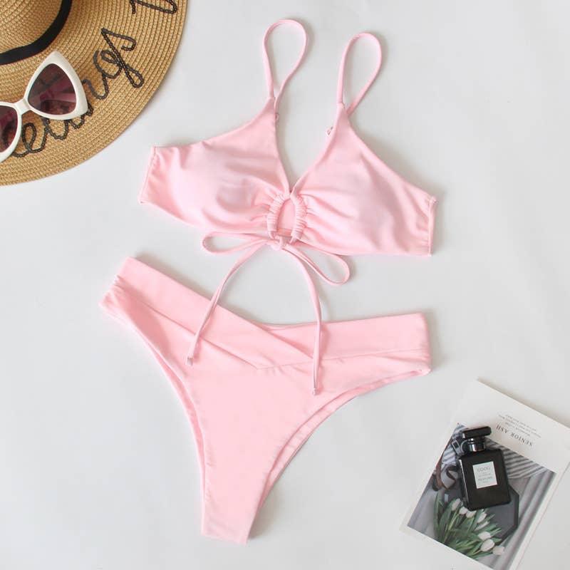 2 Piece Solid Color with Ring Bikini Swimsuit