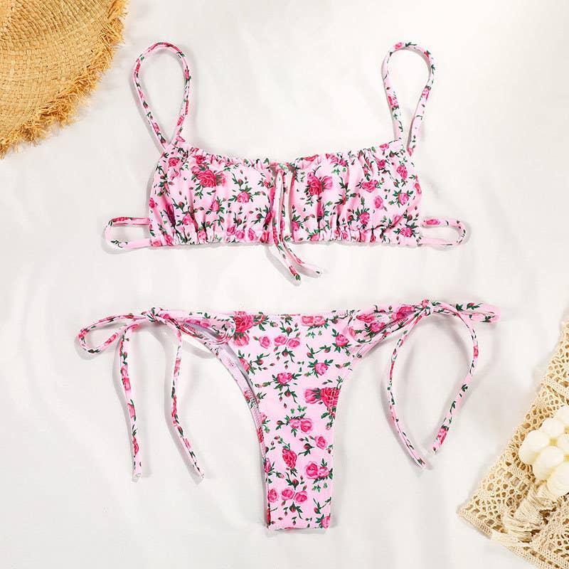 2 Piece String Tie Flower Print Bikini Swimsuit Set