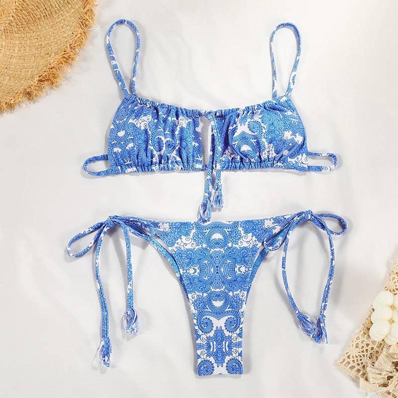 2 Piece String Tie Flower Print Bikini Swimsuit Set