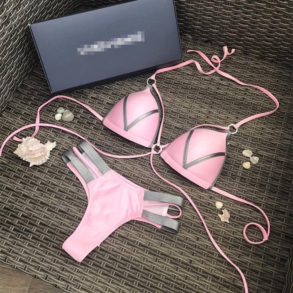 2-Piece Stripe Solid Color Bikini Swimsuit