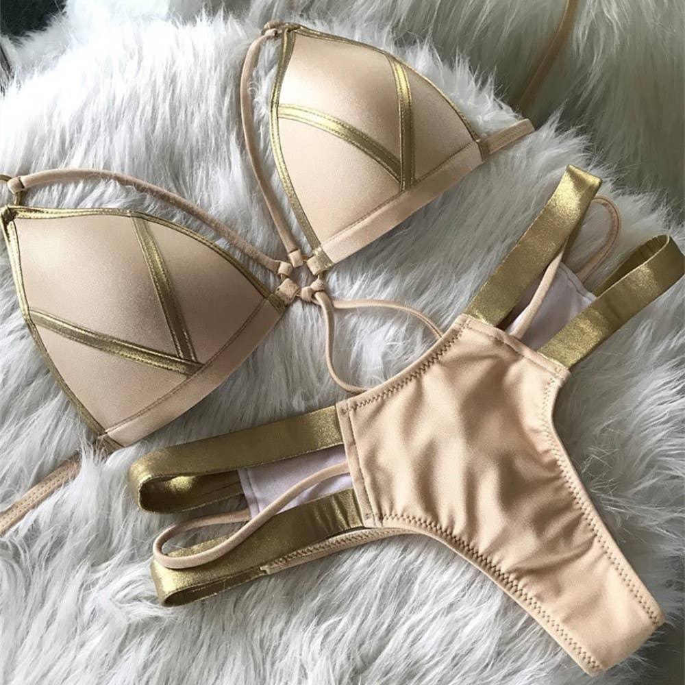 2-Piece Stripe Solid Color Bikini Swimsuit
