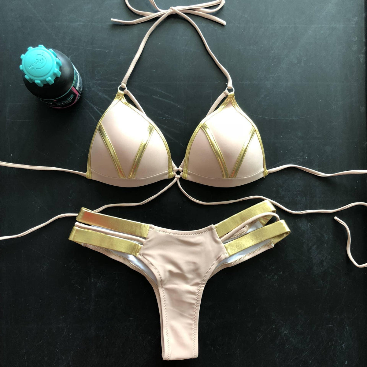 2-Piece Stripe Solid Color Bikini Swimsuit