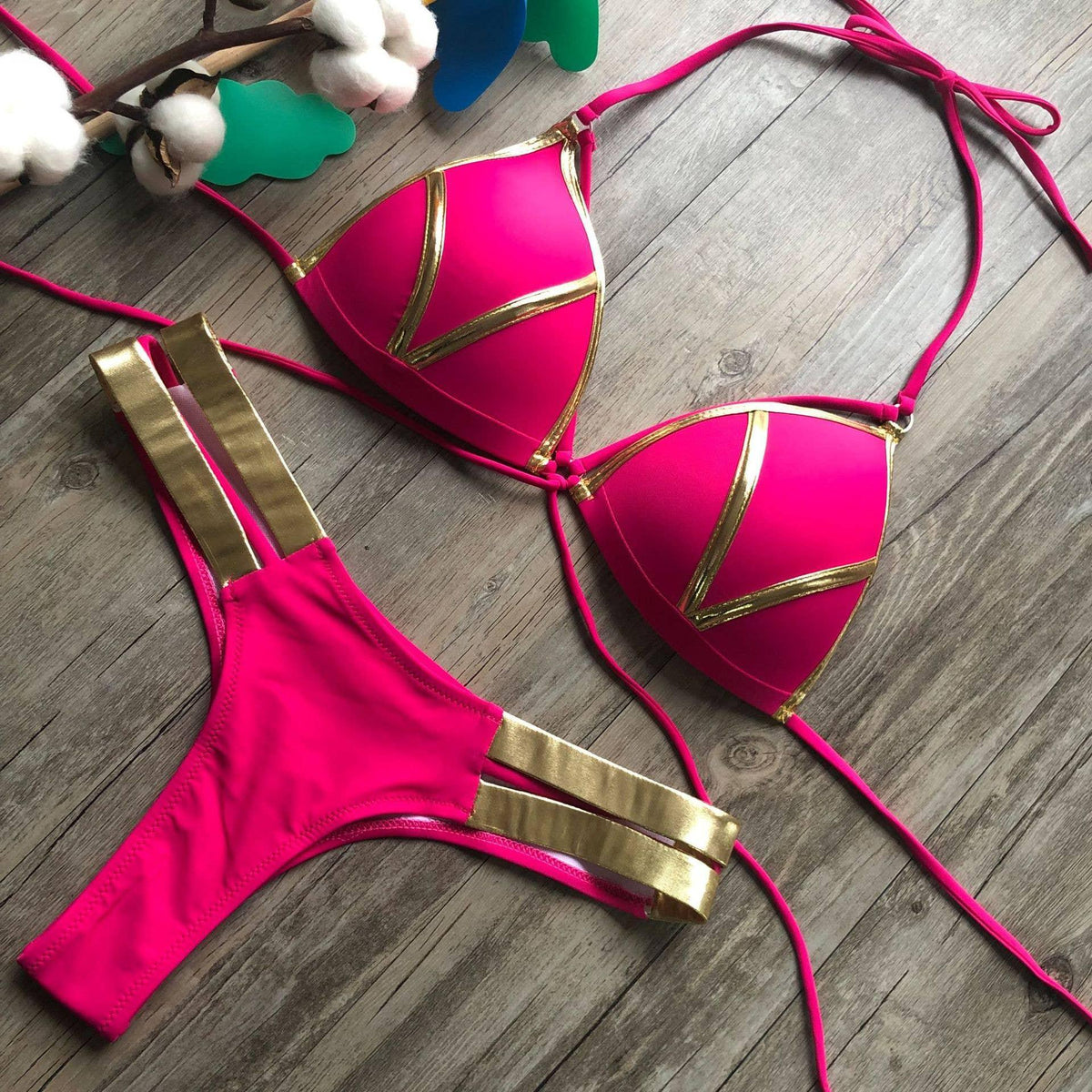 2-Piece Stripe Solid Color Bikini Swimsuit