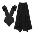 2 Shoulder Solid Color One Piece Swimwear with Cover Up
