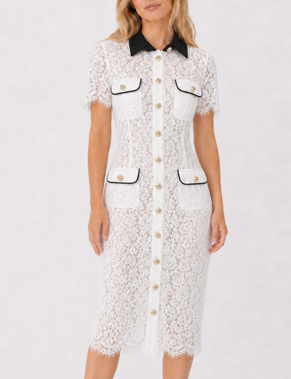 Ladies Chic Shirt Collar Lace Hollow-Out Short Sleeves Mini Dress