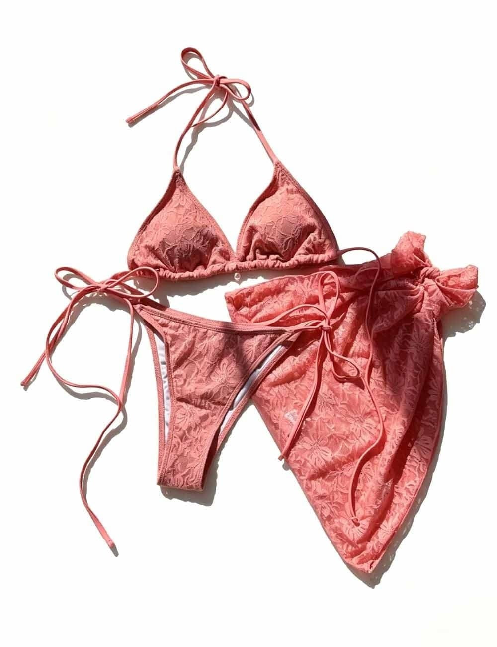Ladies Floral Lace Mesh Triangle Bikini Set with Sarong Set