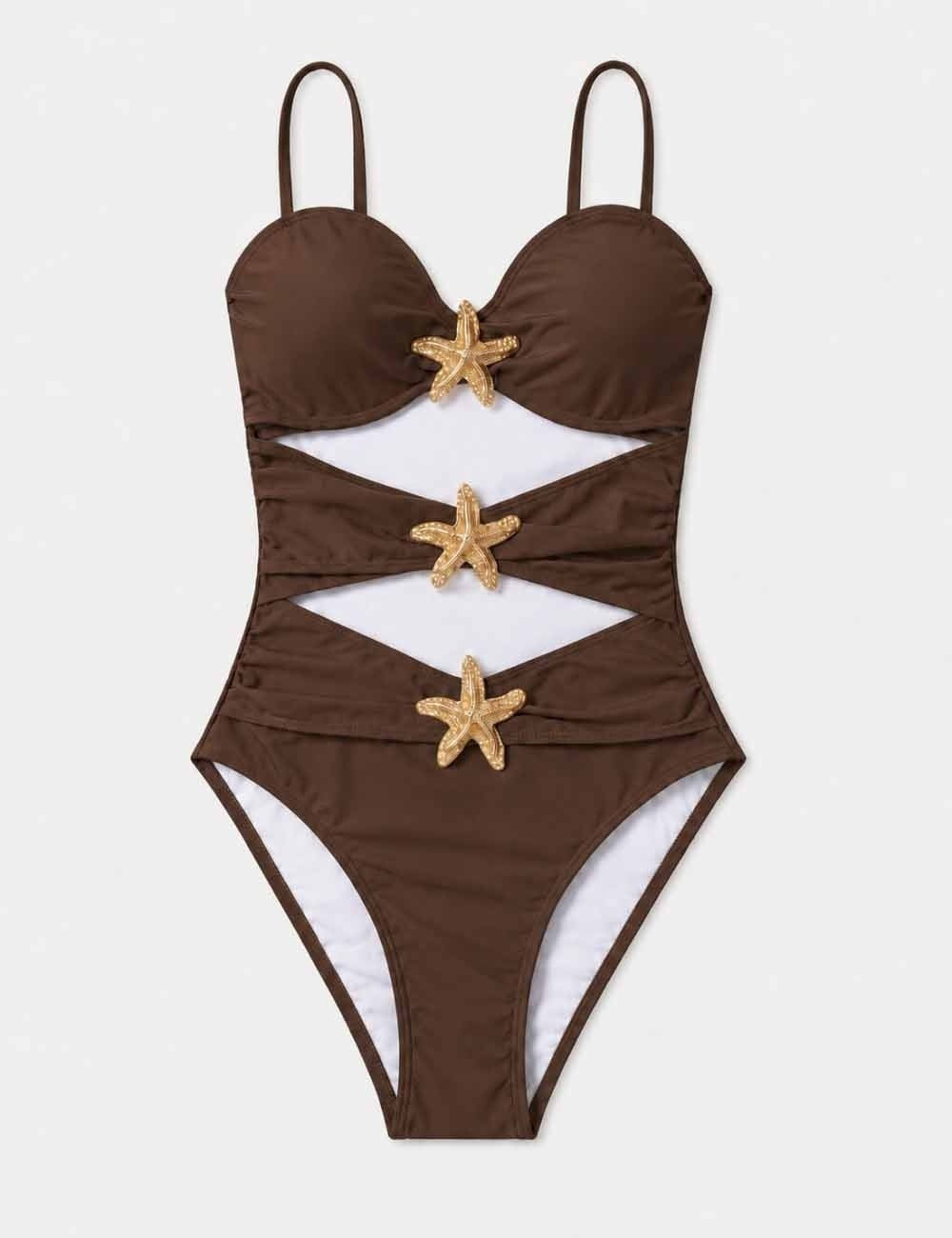 Ladies Gold Starfish Embellishment One Piece Swimsuit