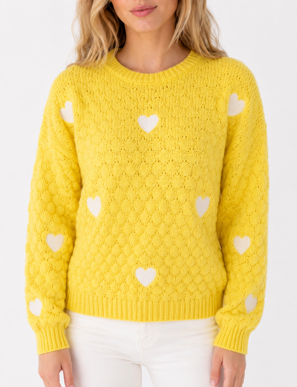 Ladies Heart Applique Hollow Out Knit Crew Neck Sweater