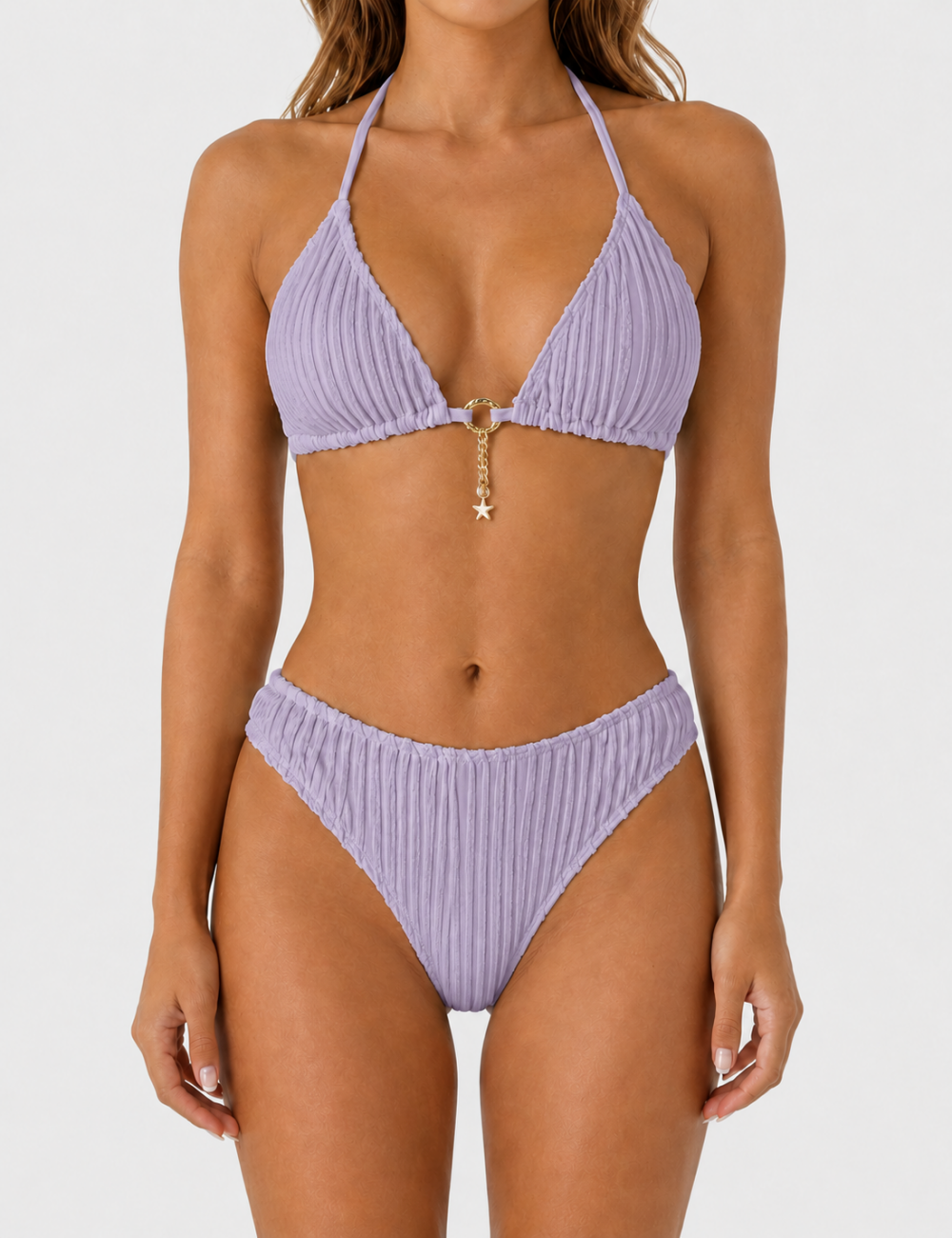 Ladies Vertical Texture Halter Neck Triangle Bikini Set
