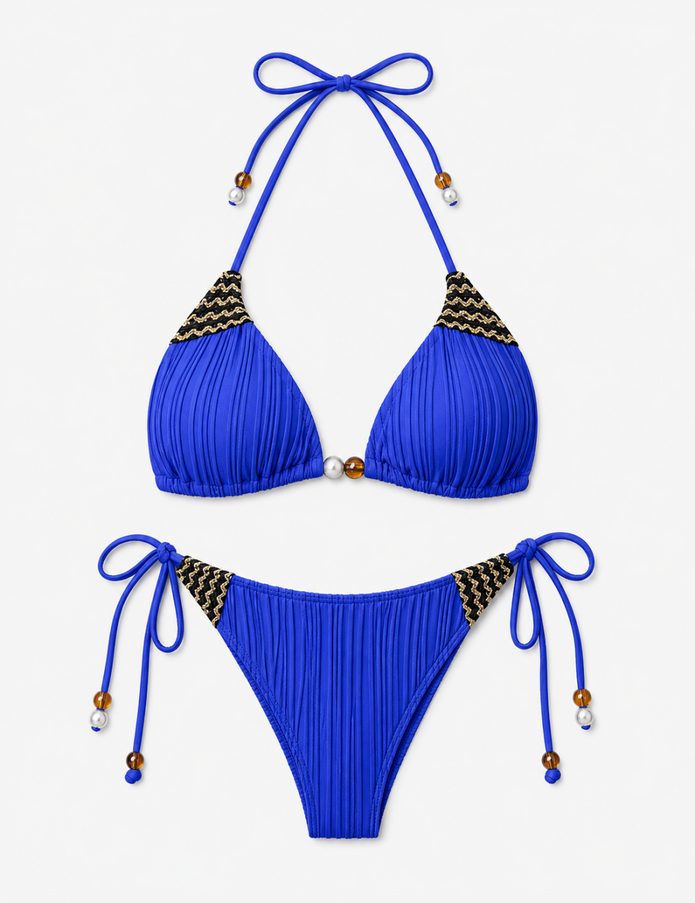 Ladies Ribbed Beaded Halter Triangle 2 Piece Bikini Set