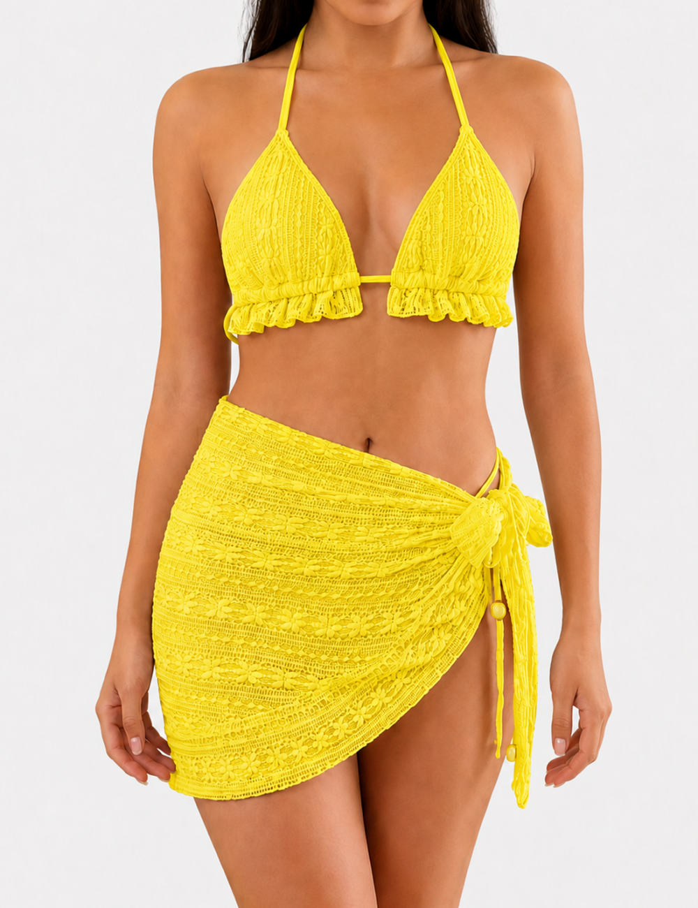 Ladies Solid Color Crochet Triangle Bikini Set with Cover-Up Skirt