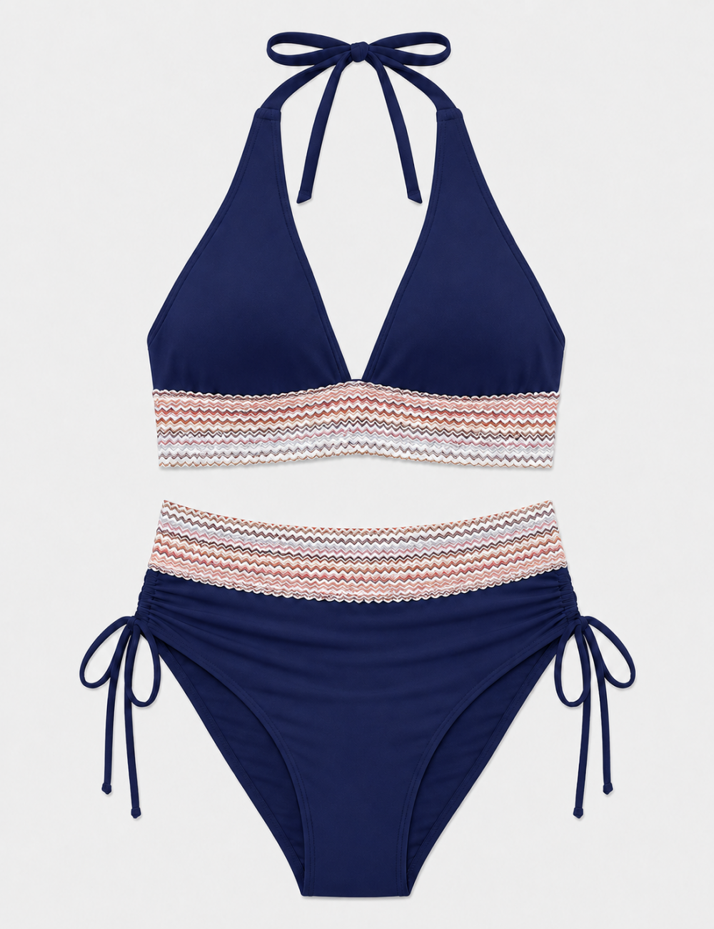 Ladies Deep V-Neck Colorful Zigzag Smocked Trim Bikini Set