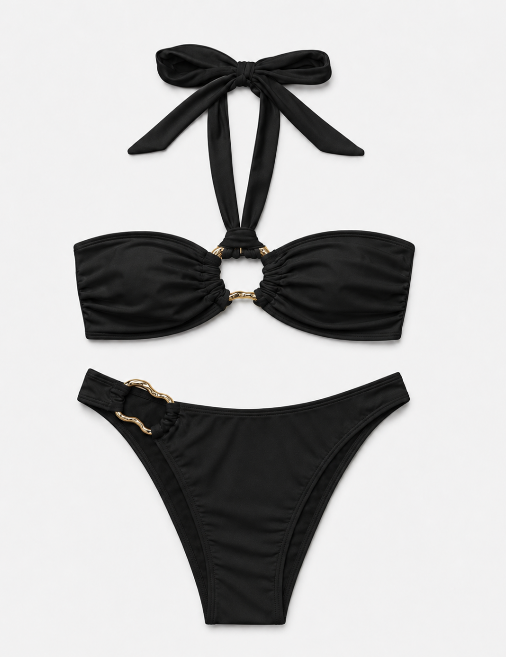 Ladies Matching Gold Hardware Halter Bandeau Bikini Set