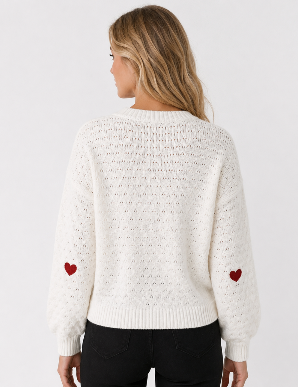 Ladies Heart Applique Hollow Out Knit Crew Neck Sweater