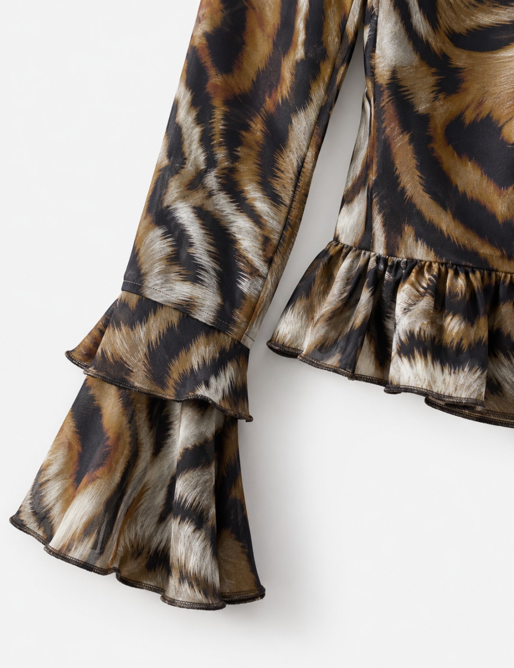 Ladies Tiger Striped V-Neck Long Sleeve Top Ruffle Blouse