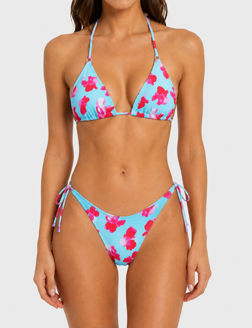 Ladies Multicolor Floral Print Halter Triangle Bikini Set