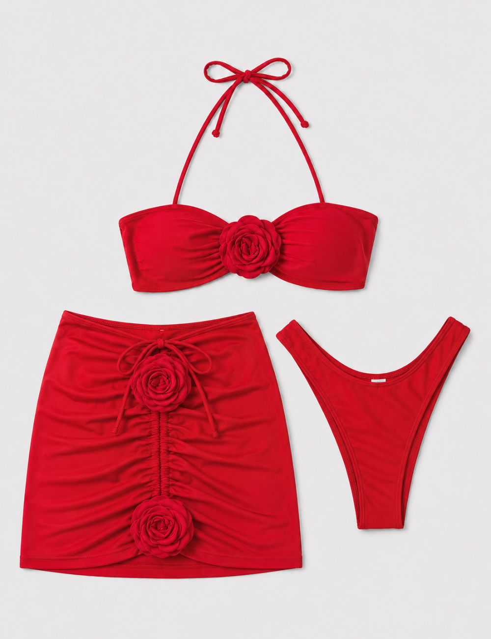 Ladies 3D Flower Design Halter Bikini Set with Mini Skirt