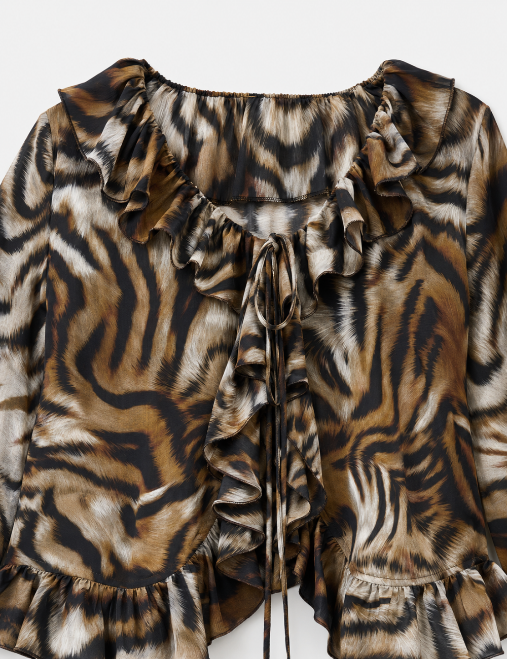 Ladies Tiger Striped V-Neck Long Sleeve Top Ruffle Blouse