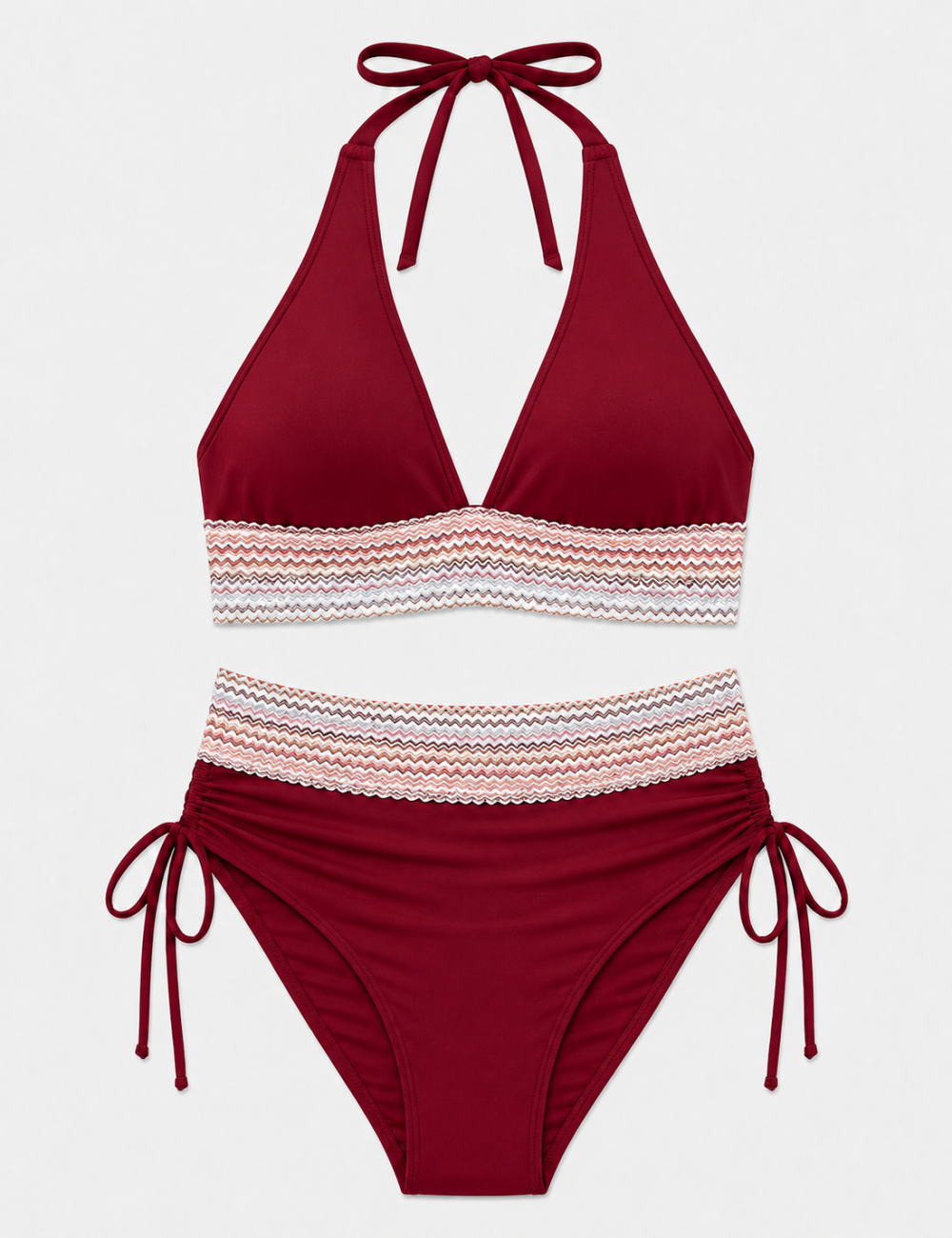 Ladies Deep V-Neck Colorful Zigzag Smocked Trim Bikini Set