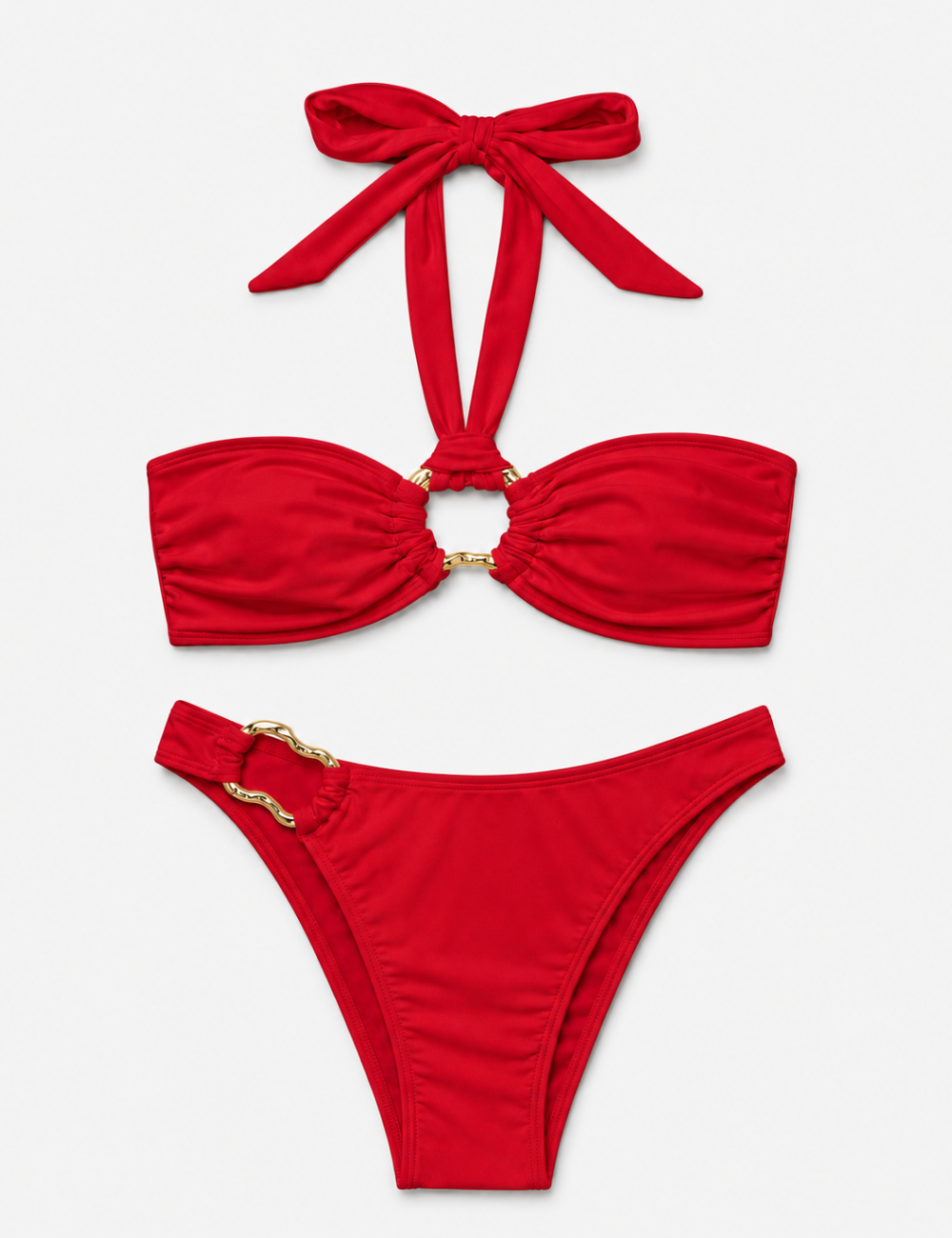 Ladies Matching Gold Hardware Halter Bandeau Bikini Set